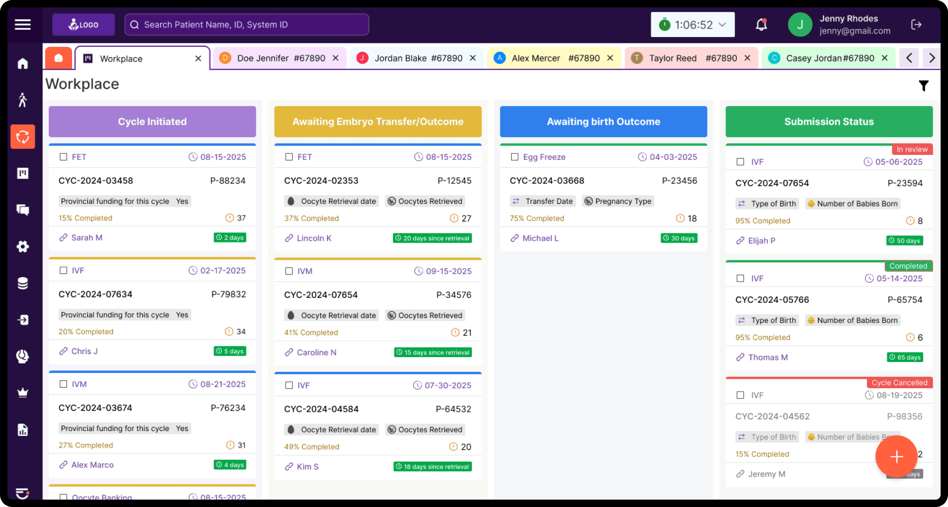 Embryologix dashboard cycles view